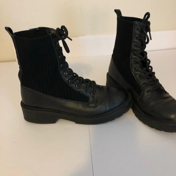 Steve Madden Black Veeta Combat Boots Women's Size 10 Leather Knit Chunky - Picture 3 of 8